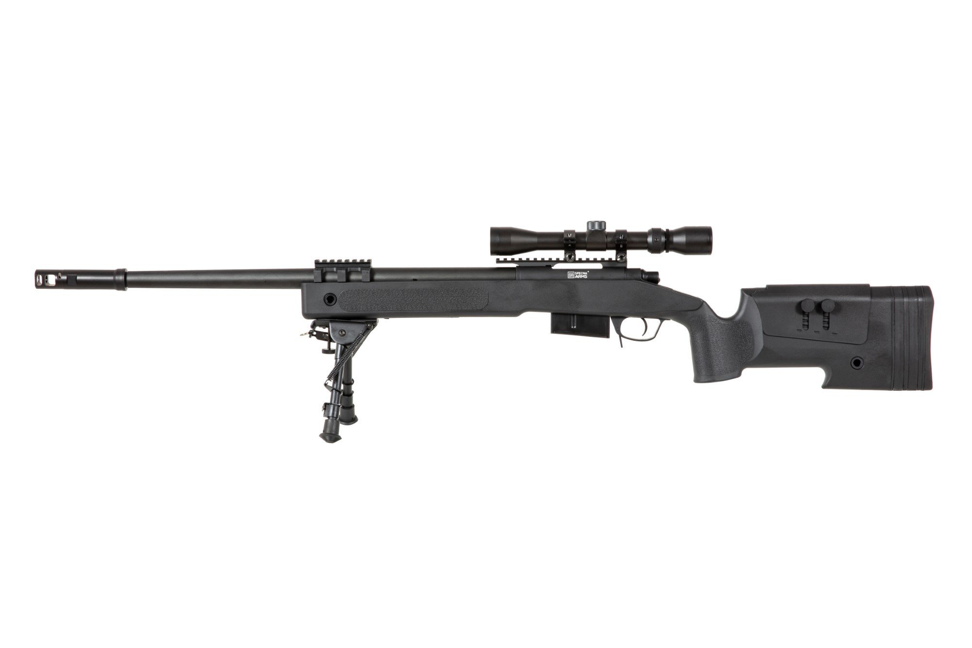 Airsoftová odstřelovací puška SA-S03 CORE™ s optikou a dvojnožkou - černá