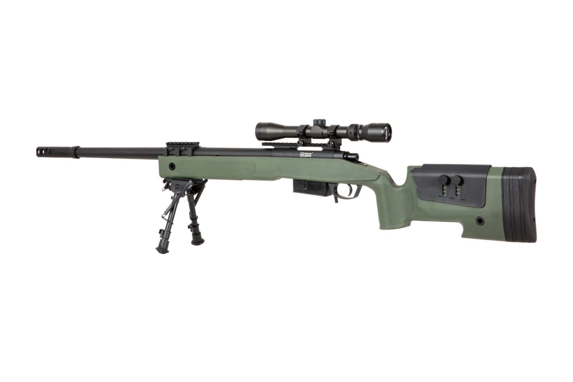 Airsoftová odstřelovací puška SA-S03 CORE™ High Velocity s optikou a dvojnožkou - olivově zelená