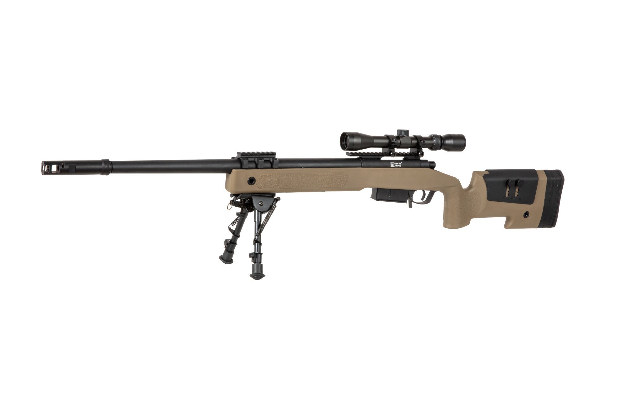 Airsoftová odstřelovací puška SA-S03 CORE™ High Velocity s optikou a dvojnožkou - tan