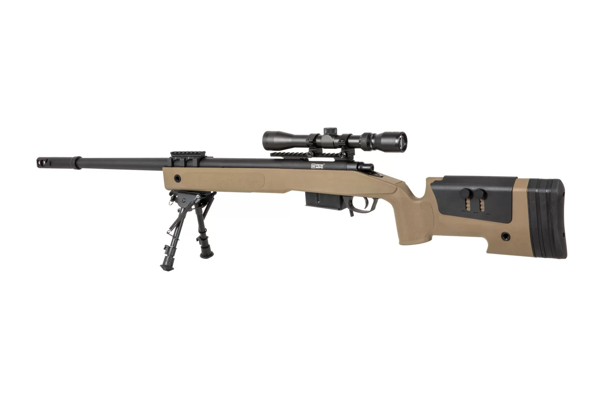 Airsoftová odstřelovací puška SA-S03 CORE™ High Velocity s optikou a dvojnožkou - tan
