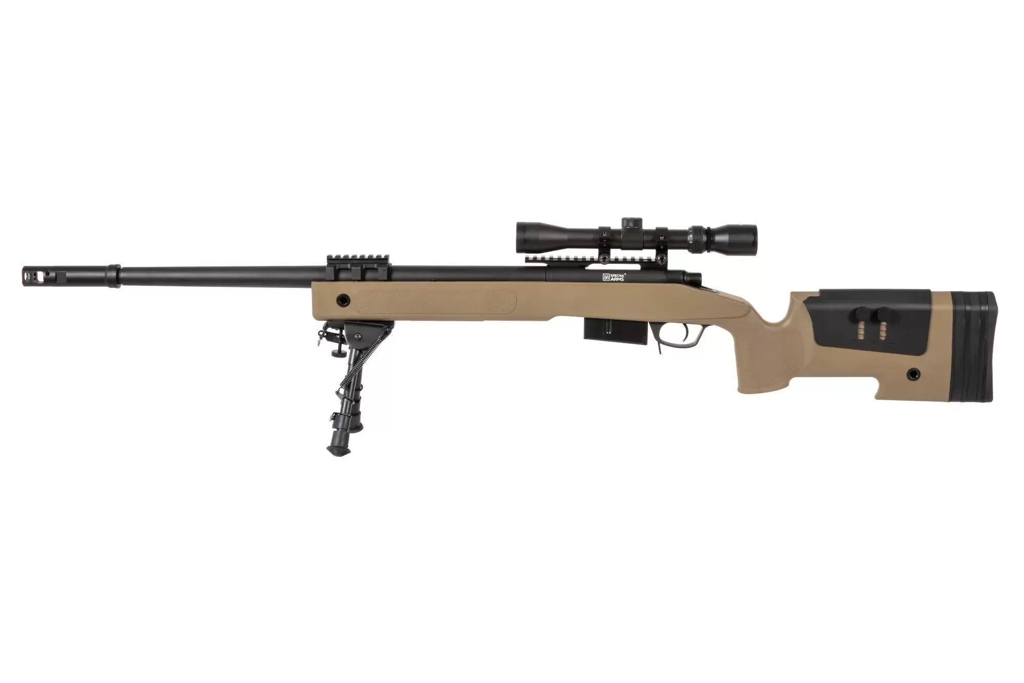 Airsoftová odstřelovací puška SA-S03 CORE™ High Velocity s optikou a dvojnožkou - tan