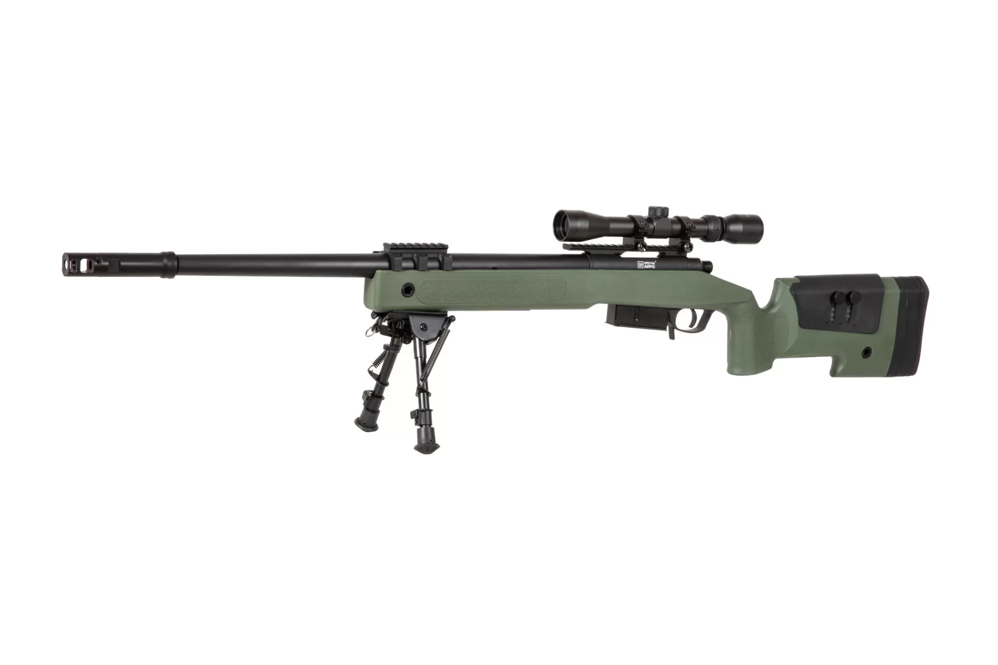 Airsoftová odstřelovací puška SA-S03 CORE™ High Velocity s optikou a dvojnožkou - olivově zelená