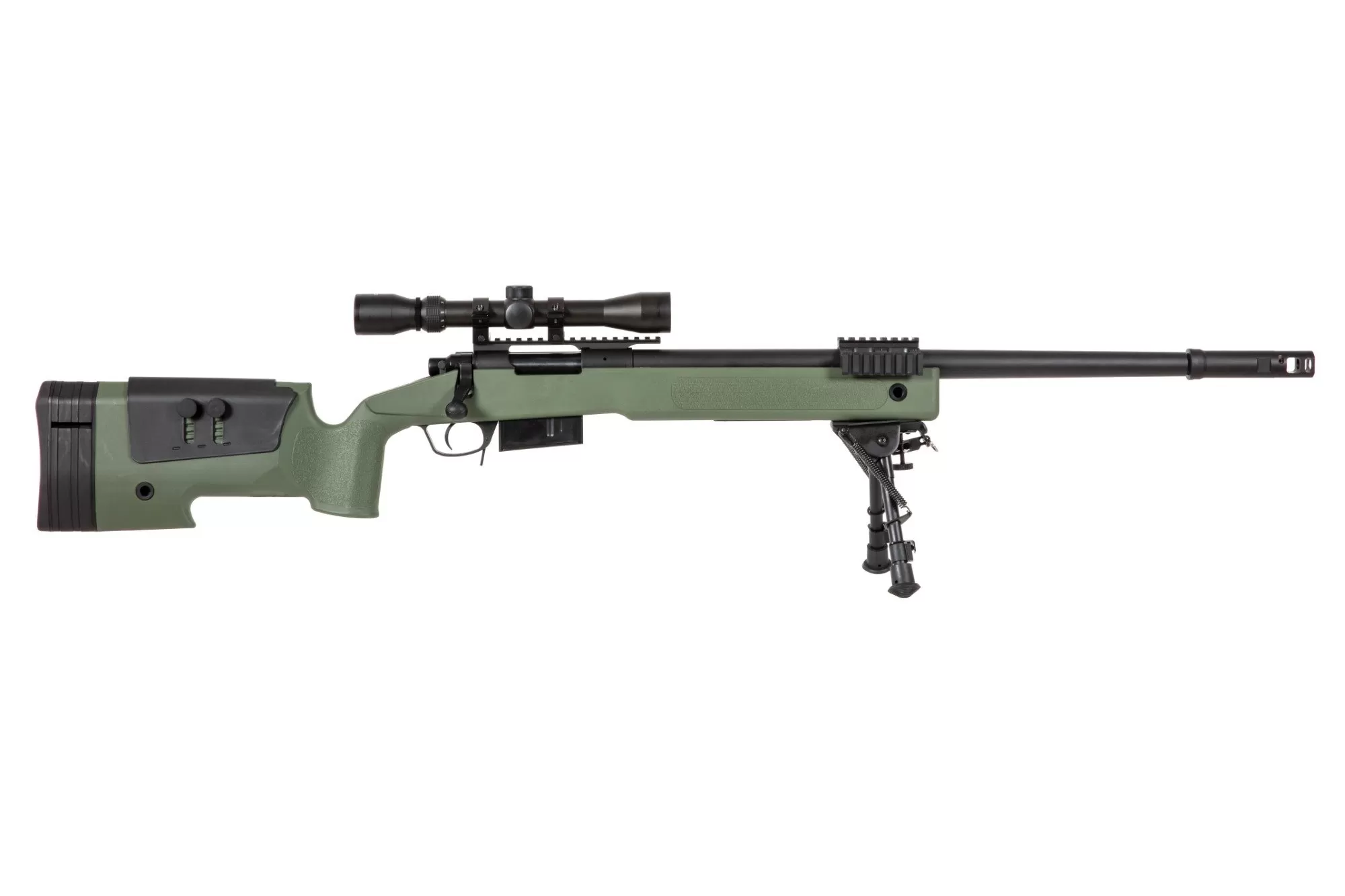 Airsoftová odstřelovací puška SA-S03 CORE™ High Velocity s optikou a dvojnožkou - olivově zelená