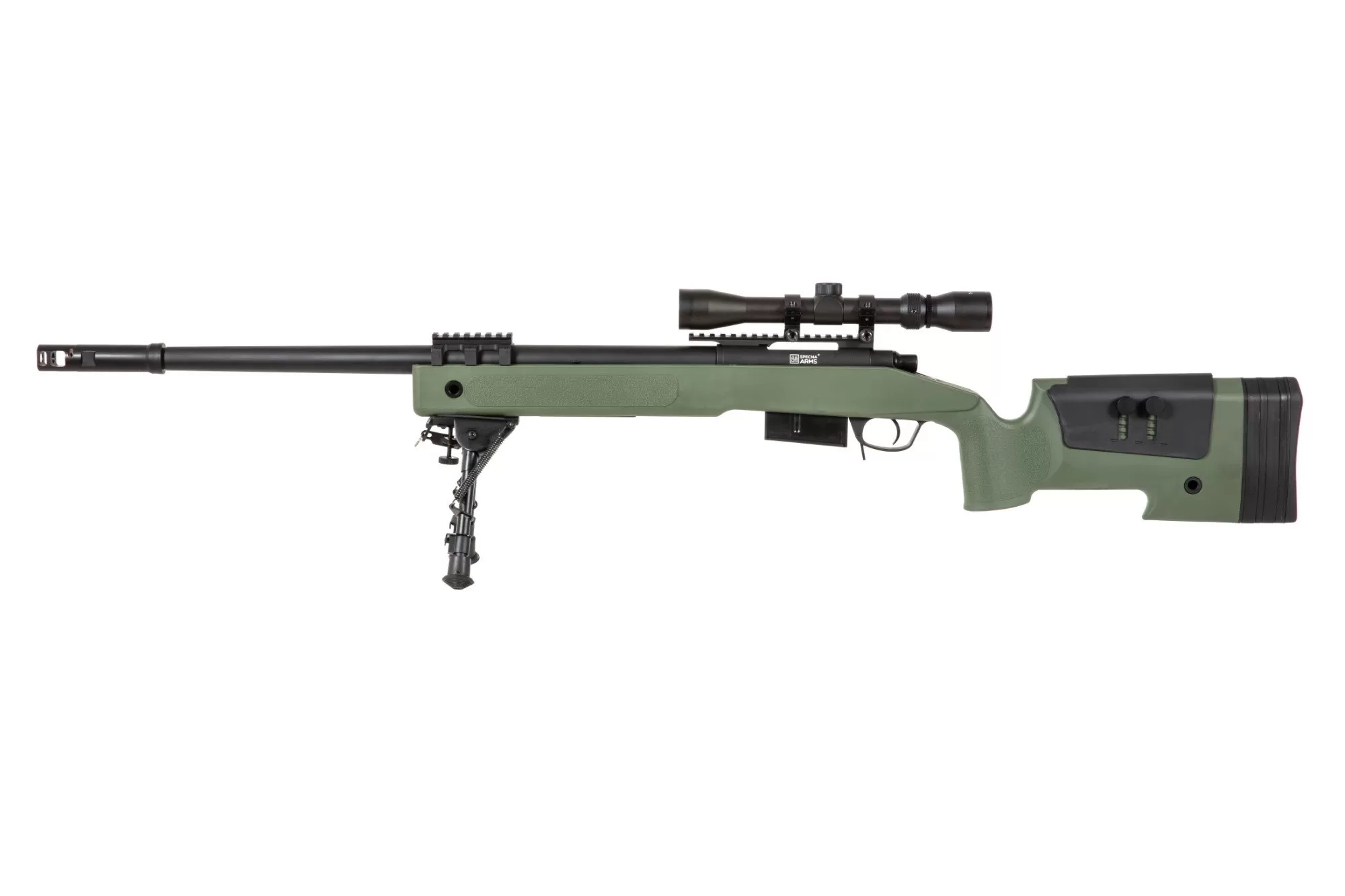 Airsoftová odstřelovací puška SA-S03 CORE™ High Velocity s optikou a dvojnožkou - olivově zelená