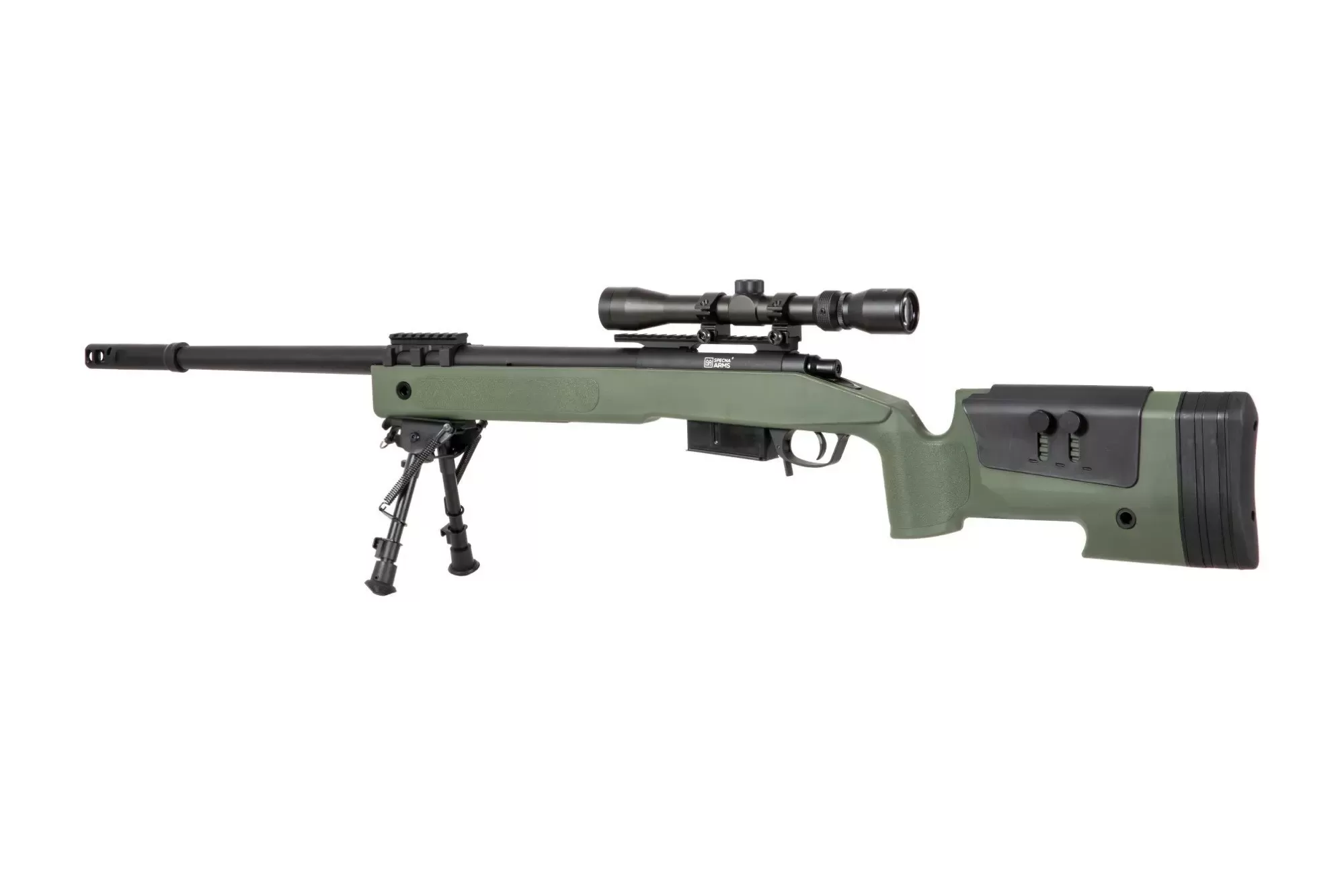 Airsoftová odstřelovací puška SA-S03 CORE™ High Velocity s optikou a dvojnožkou - olivově zelená