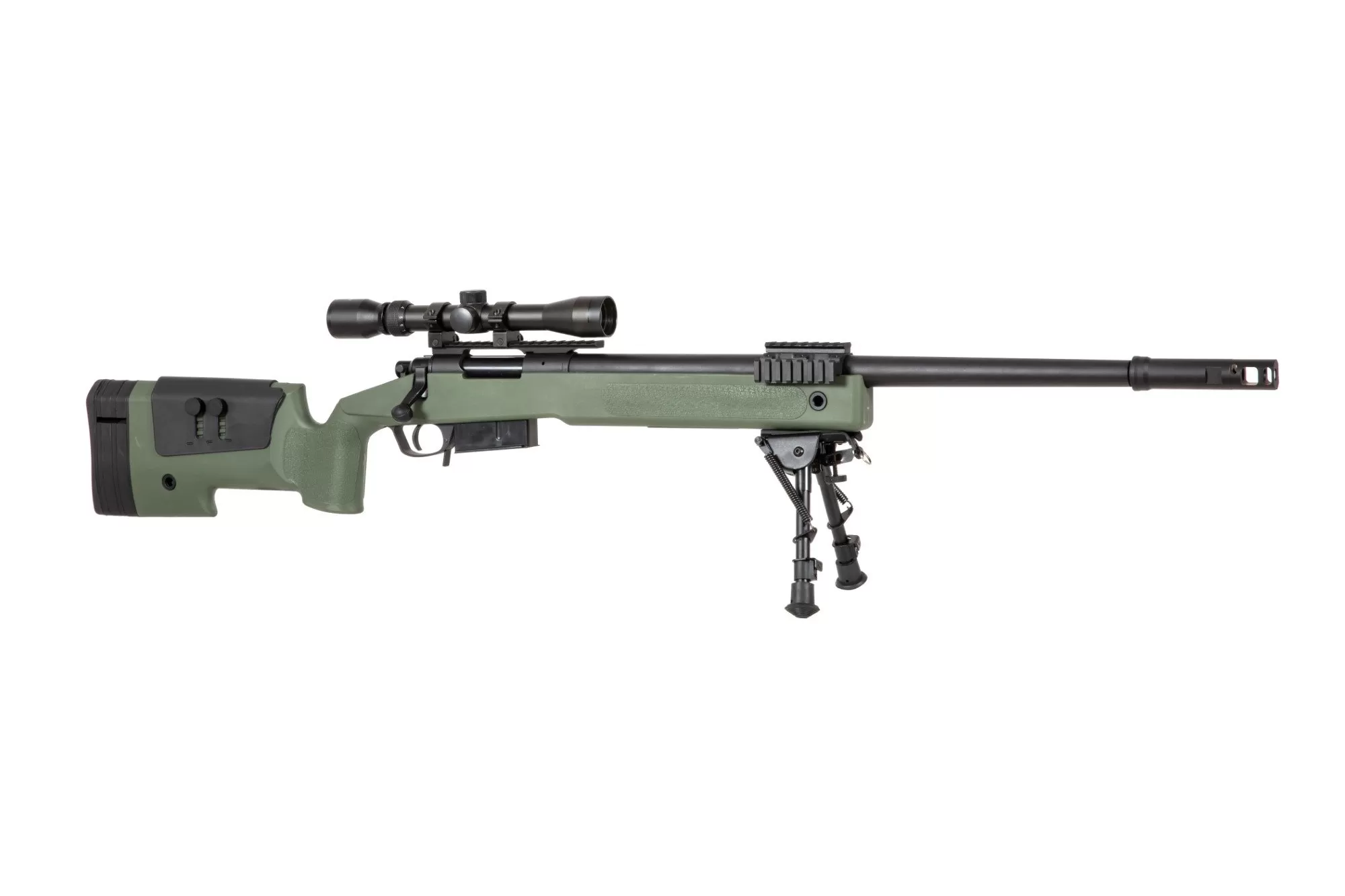 Airsoftová odstřelovací puška SA-S03 CORE™ High Velocity s optikou a dvojnožkou - olivově zelená