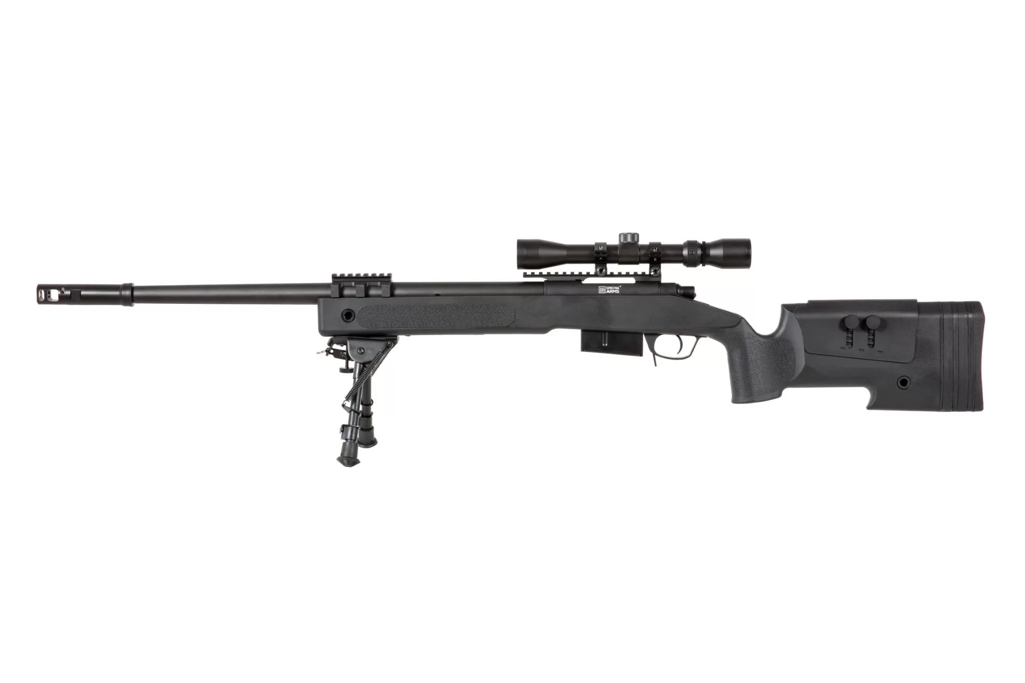 Airsoftová odstřelovací puška SA-S03 CORE™ s optikou a dvojnožkou - černá